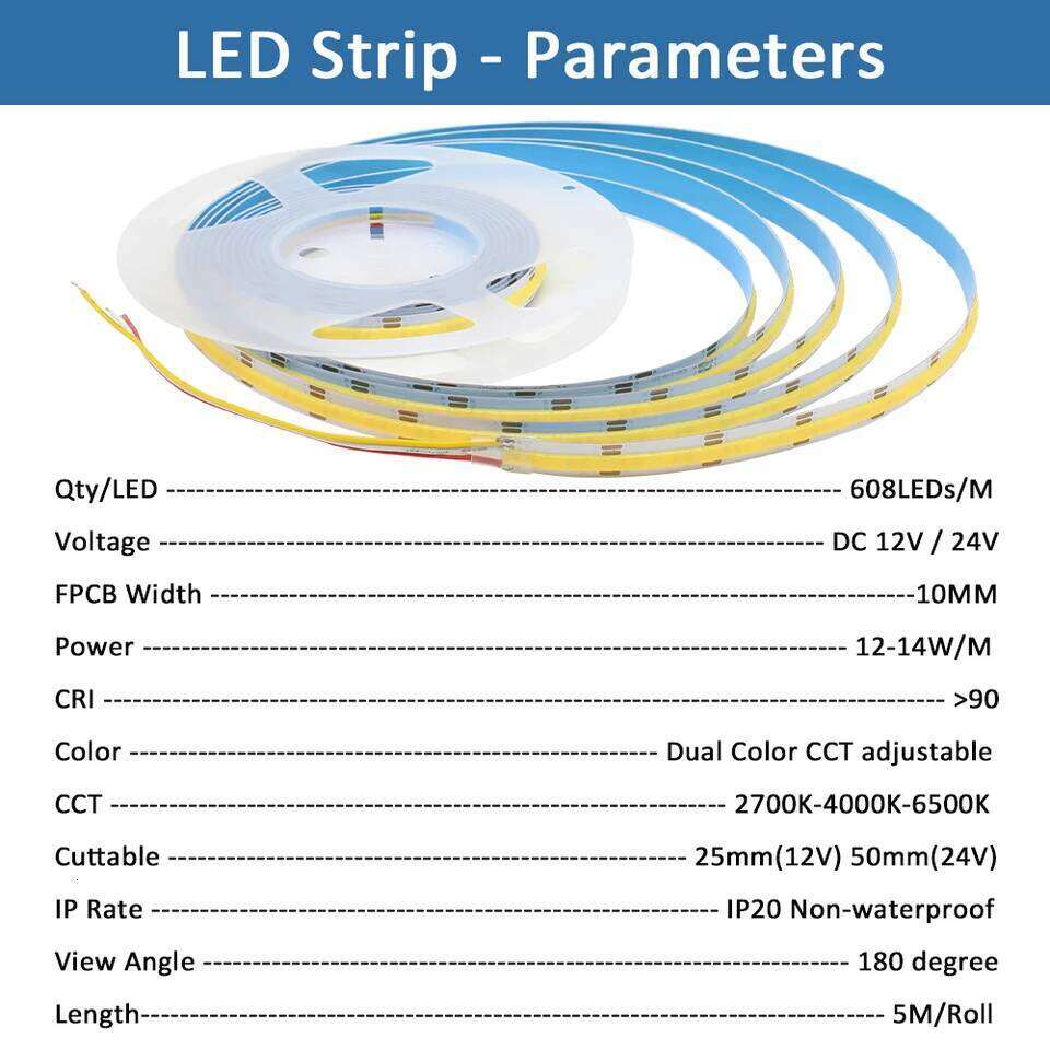 CCT COB Strip Lights High Density 608 LEDs/m Flexible Dimmable FOB Led Tape 2700K to 6500K Changeable LED Lighting DC12V 24V Z260206
