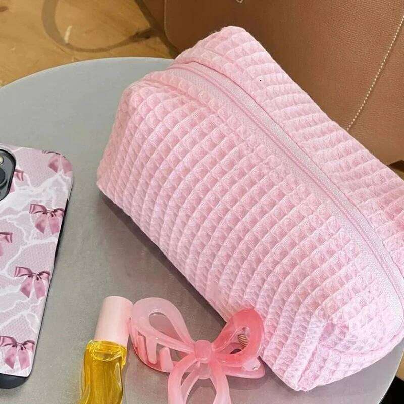 Cute Square Cosmetic Pink Plaid Storage Make Up Bags for Women Lady with Zipper Travel Organizer Makeup Bag Y260206