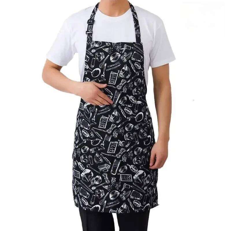 1PC Kitchen Cooking Chef Halterneck With 2 Pockets Catering Sleeveless Aprons Men Woman BBQ Waiter Printing Apron S260205