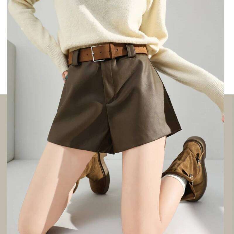 High Quality PU Leather Shorts Women Fall Winter High-waisted Wide-leg Boots with Belt Female Vintage A-line Short Pant 2025 XJ260206