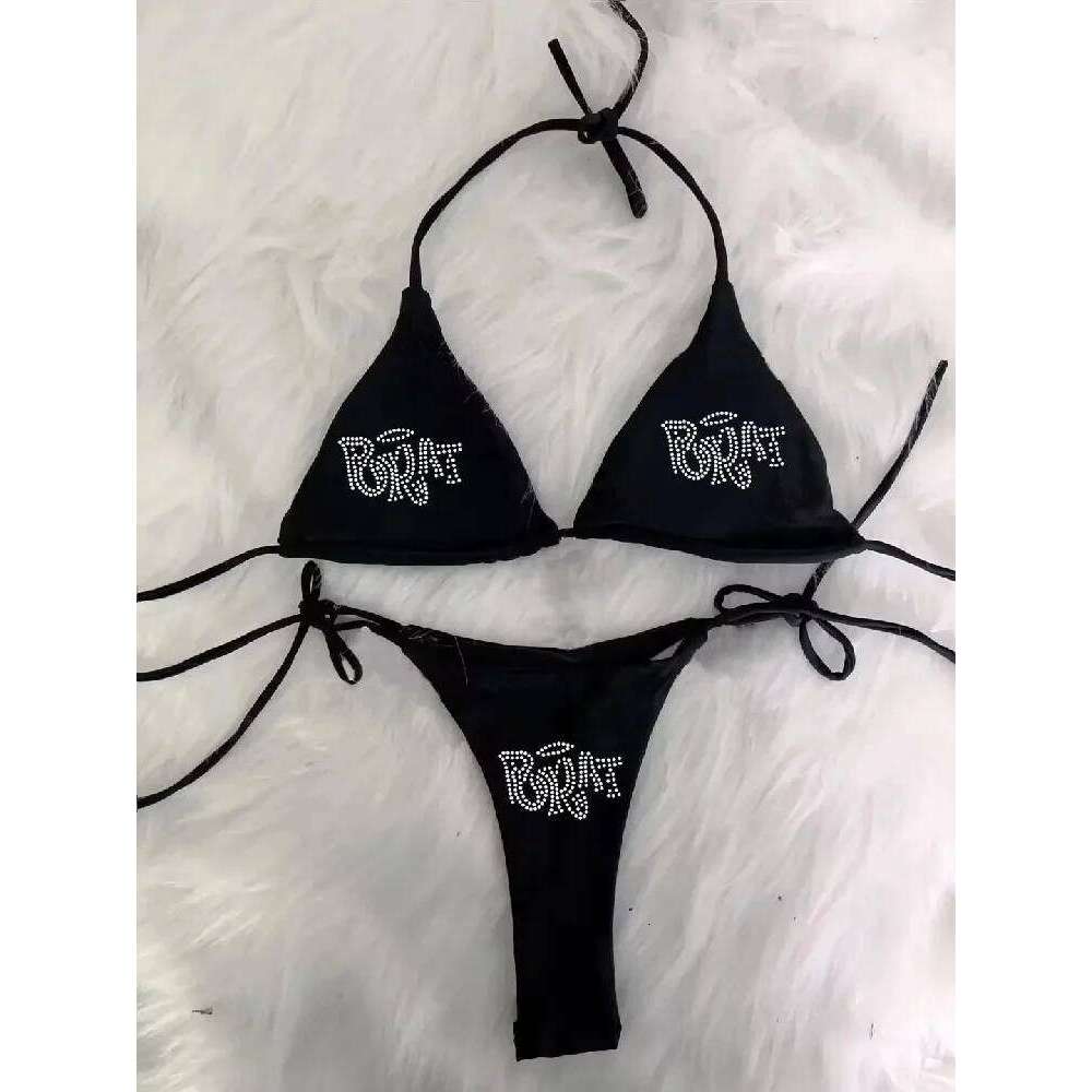 2000s Woman Punk New Beach Swimwear gothic clothes BRAT Rhinestone printing Grunge Swimsuit Bikini Y2K Bathing Suits Lace Up Z260206