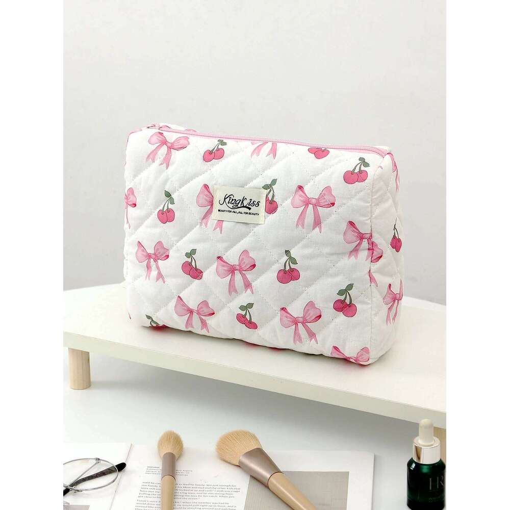 1pc/set Cherry Bow Quilted Multifunctional Handheld Makeup Bag, Portable Toiletry Bag Set with Zipper Y260206