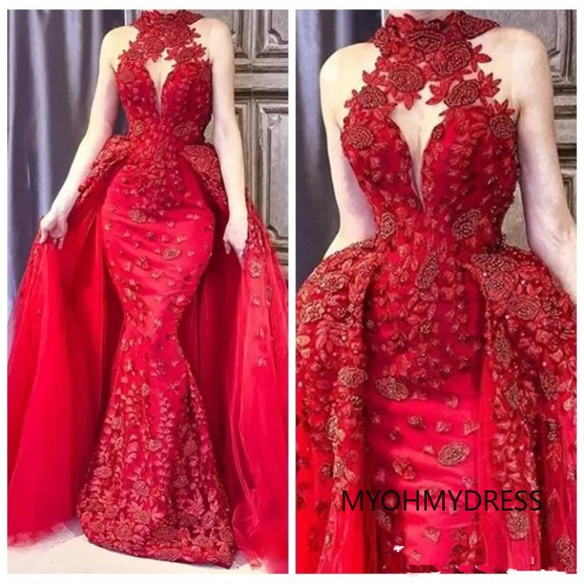 Dubai Red Mermaid Evening Dresses High Neck Lace Applique Beads Ladies Prom Gowns Plus Size Party Dress Custom robes de soiree 0206