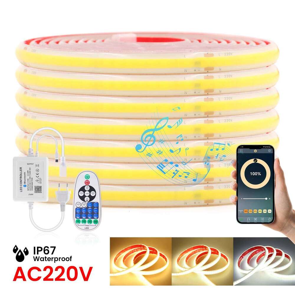 Bluetooth COB Strip IP67 Waterproof 220V 240Leds/m Flexible LED Tape RA90 Super Bright FOB Neon Light With EU UK Power Plug Z260206