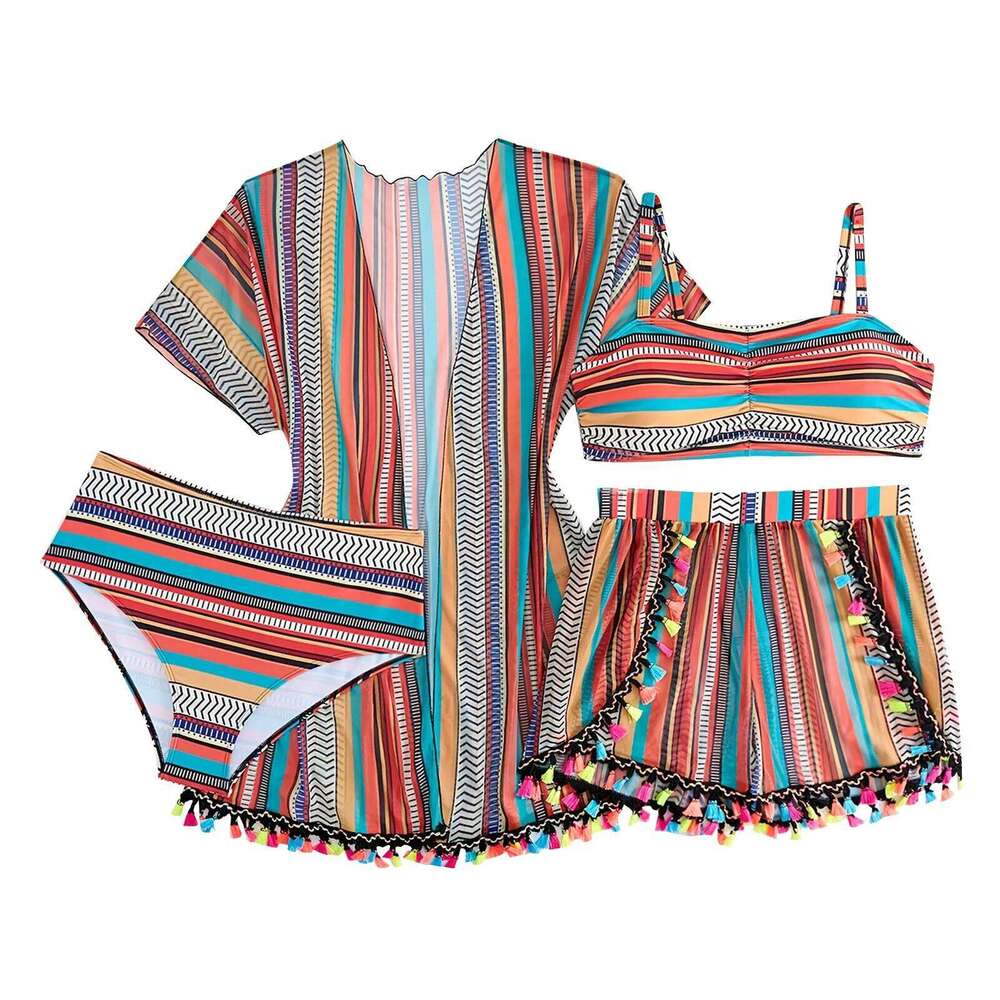 4 Pieces High Waisted Bikini Shorts 2025 Women With Kimono Beach Wear Striped Print Swimsuit Sexy Swimwear Female Bathing Suits XJ260206