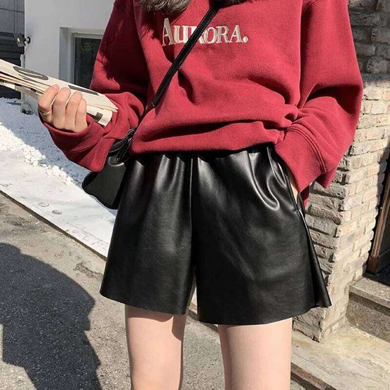 2023 Autumn Winter Korean Solid Color Leather Shorts Trend Women's Clothing All-match Casual Elastic High Waist Pants For Female XJ260206
