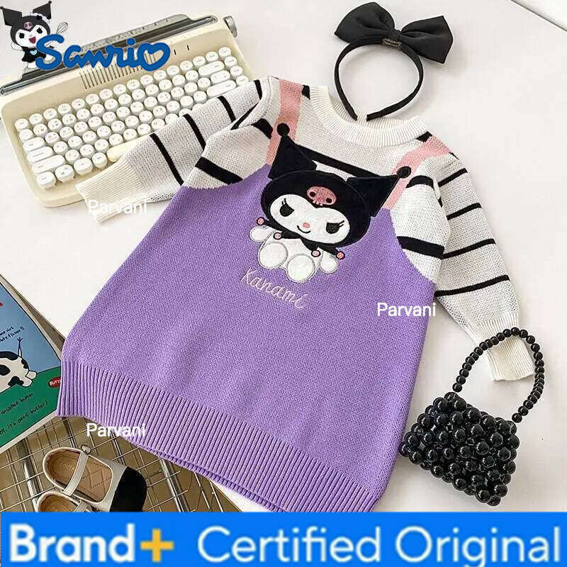 Sanrio Kuromi Knitted Dress Kawaii Autumn and Winter Cartoon Fashion Student Casual Children Clothing False Two-Piece New Style H260206 - view 5