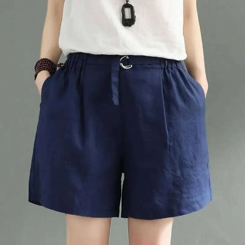 Retro Women's Loose Elastic Waist Casual Slimming Versatile Fake Cotton Linen Wide Leg Shorts Summer Wear XJ260206