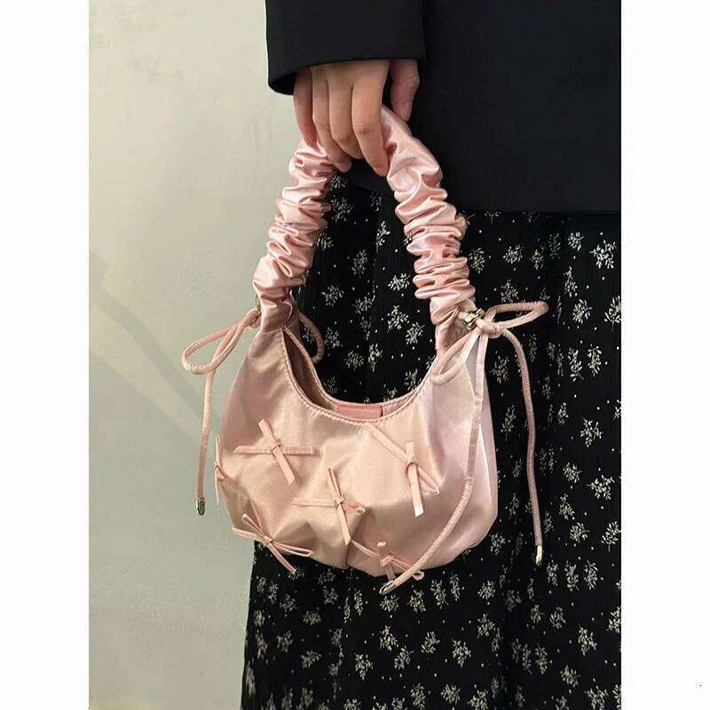 Ladies' Bags Pink Folded Bow Sweet Kawaii Verstaile Lolita New Handbags High Quality Luxury Brand Shoulder Bag For Girl Y260205