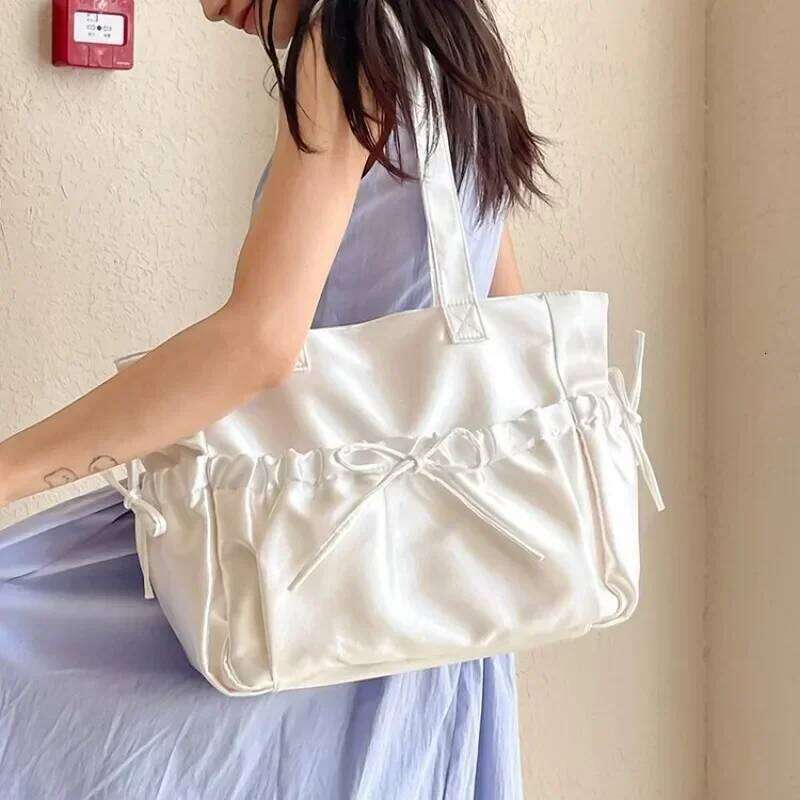 Elegant Bow Womens Shoulder Nylon Pleated Korean Style Fashion Tote Bag Large Capacity Cute Pink Sweet Female Handbag Y260205