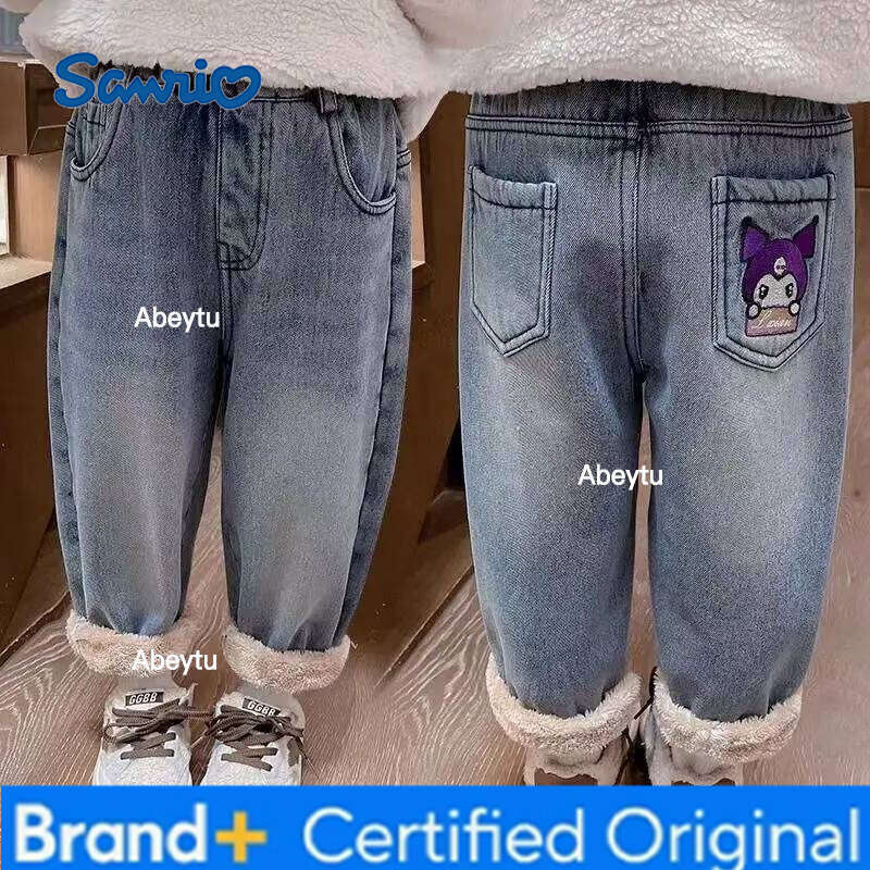 Sanrio Hello Kitty Kids Fleece Lined Thick Jeans 2025 Winter New Arrival Cute Warm Thermal Pants Cold Weather Fashion Trendy H260206
