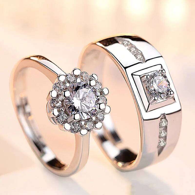 Simple Crystal Heart Couple Set Fashion Pair Opening Stainless Steel Wedding Rings Luxury Jewelry Gift Wholesale W260206