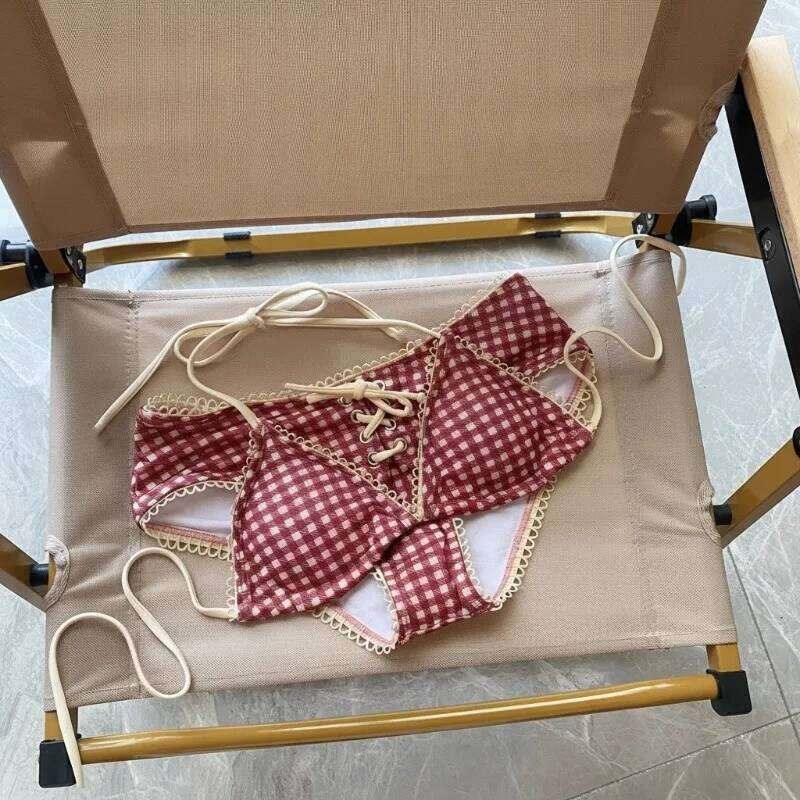 Red Plaid Bikini Set American Style Sexy Push Up Top Drop Waisted Elegant Two Piece Swimsuit for Beach Vacation Z260206