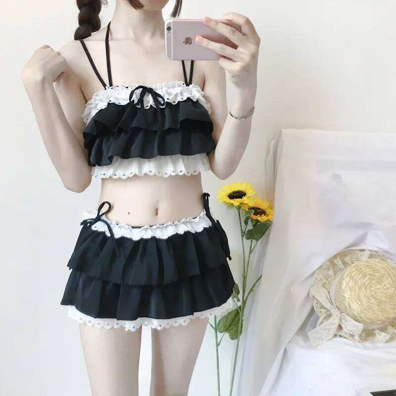 Cute Girls Lolita Ruffle Bikini Sukumizu Cosplay Pink And Black Color Swimsuit Hollowed Multilayer Hem Biquini Women Swimwear Z260206
