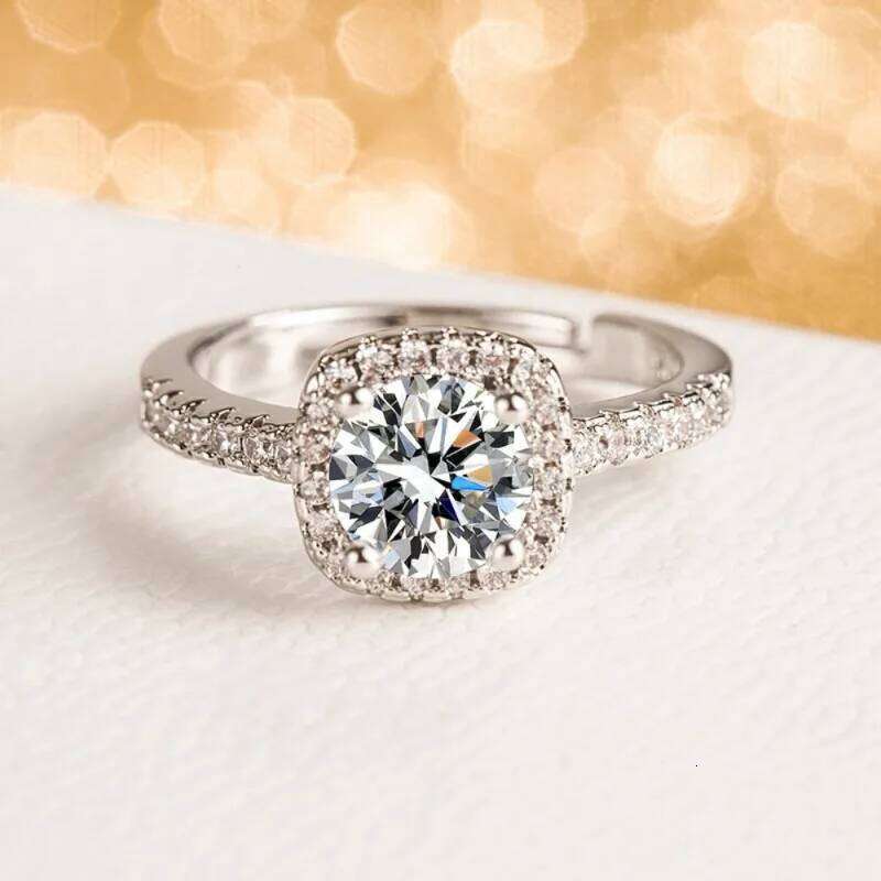 Luxury Geometric Square Zircon Opening Couple Rings for Women Men Exquisite Silver Color Stainless Steel Finger Wedding Jewelry W260206