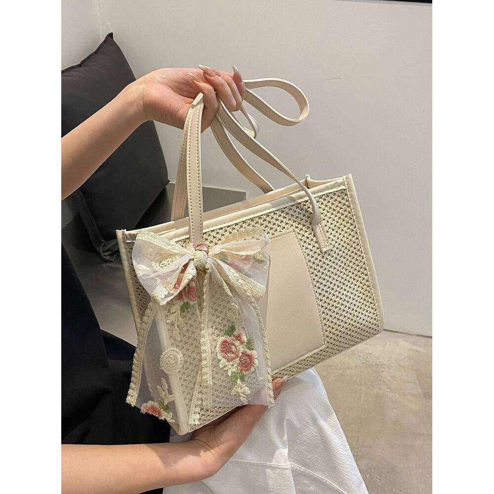 Trendy Lightweight Casual Bow Decor Straw Hollow Out Knitted Flower Tote Large Capacity Shoulder Bag For Teen Girl Women Y260205