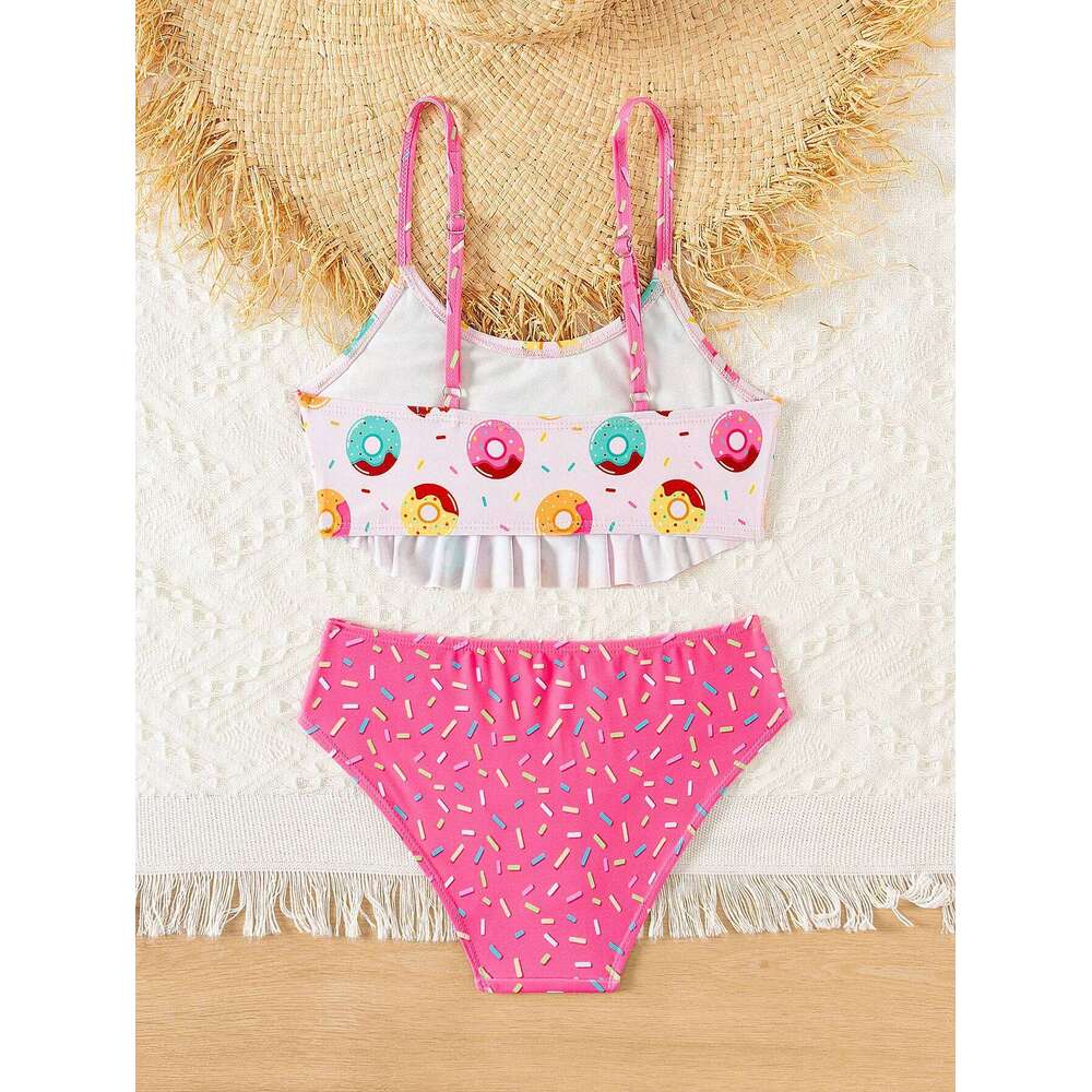Donut Print Ruffle Deco Bikini Set Summer Beach Outdoor Cute 2-piece swimwear Contrast Adjustable Girls Kids Swimsuit XJ260206
