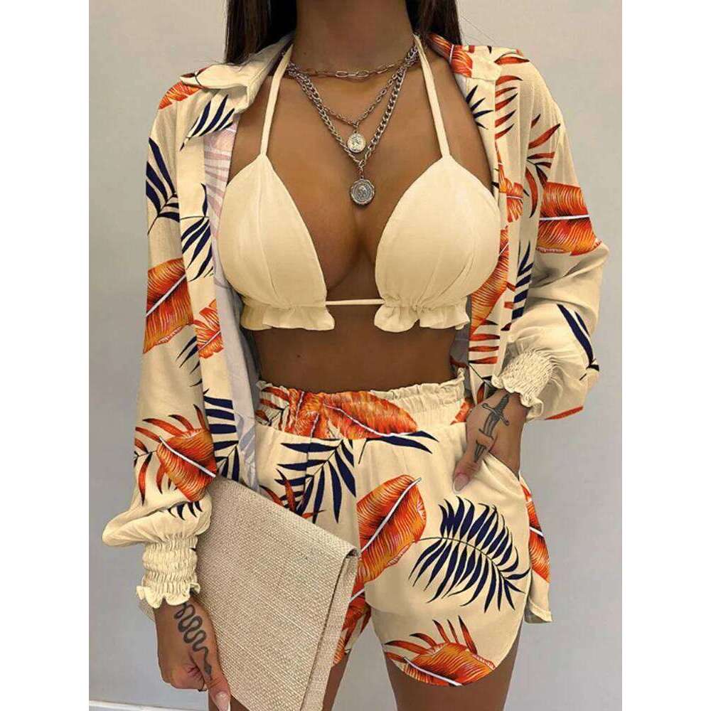 Three Pieces Swimwear Sexy Beachwear 2024 New Bathing Suit Shorts Cover Up Summer High Waist Bikini Set Print Women's Swimsuit Z260206