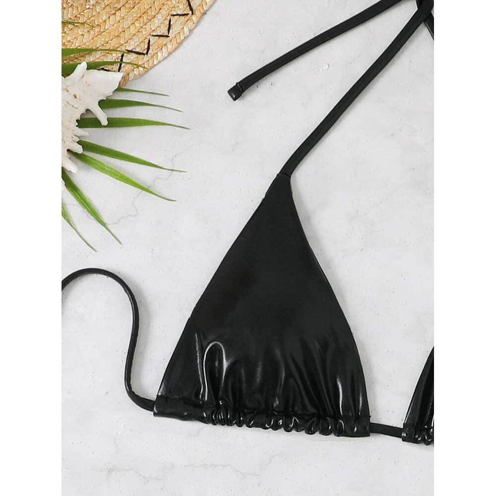 sexy metallic glitter halter tie micro bikinis sets two pieces solid thong bandage swimsuit bathing suit swimwear biquini Z260206