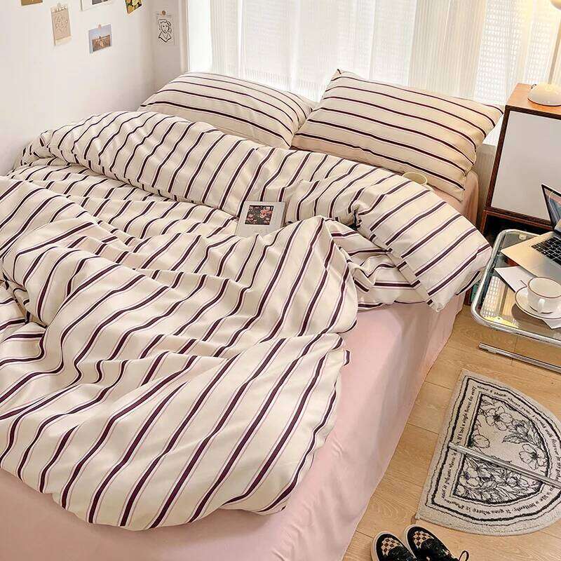 Korean Style Striped Duvet Washed Cotton 3/4pcs Bedding Set with Quilt Cover Bed Sheet Pillowcase Durable Breathable XJ260206