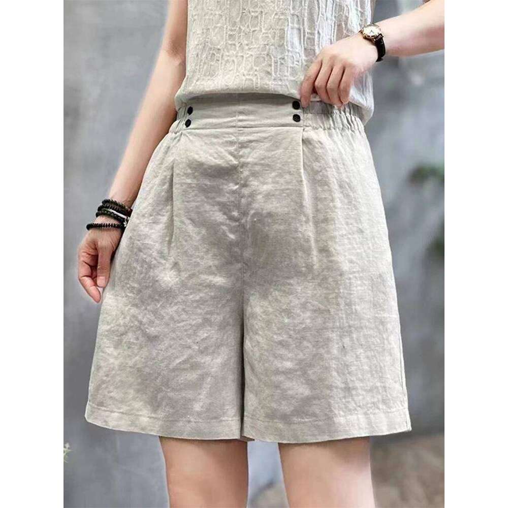 Retro High Waist Pleated Cotton Linen orts Women Summer Thin Loose Slimming Casual Five-Quarter Straight Wide Leg Pants XJ260206