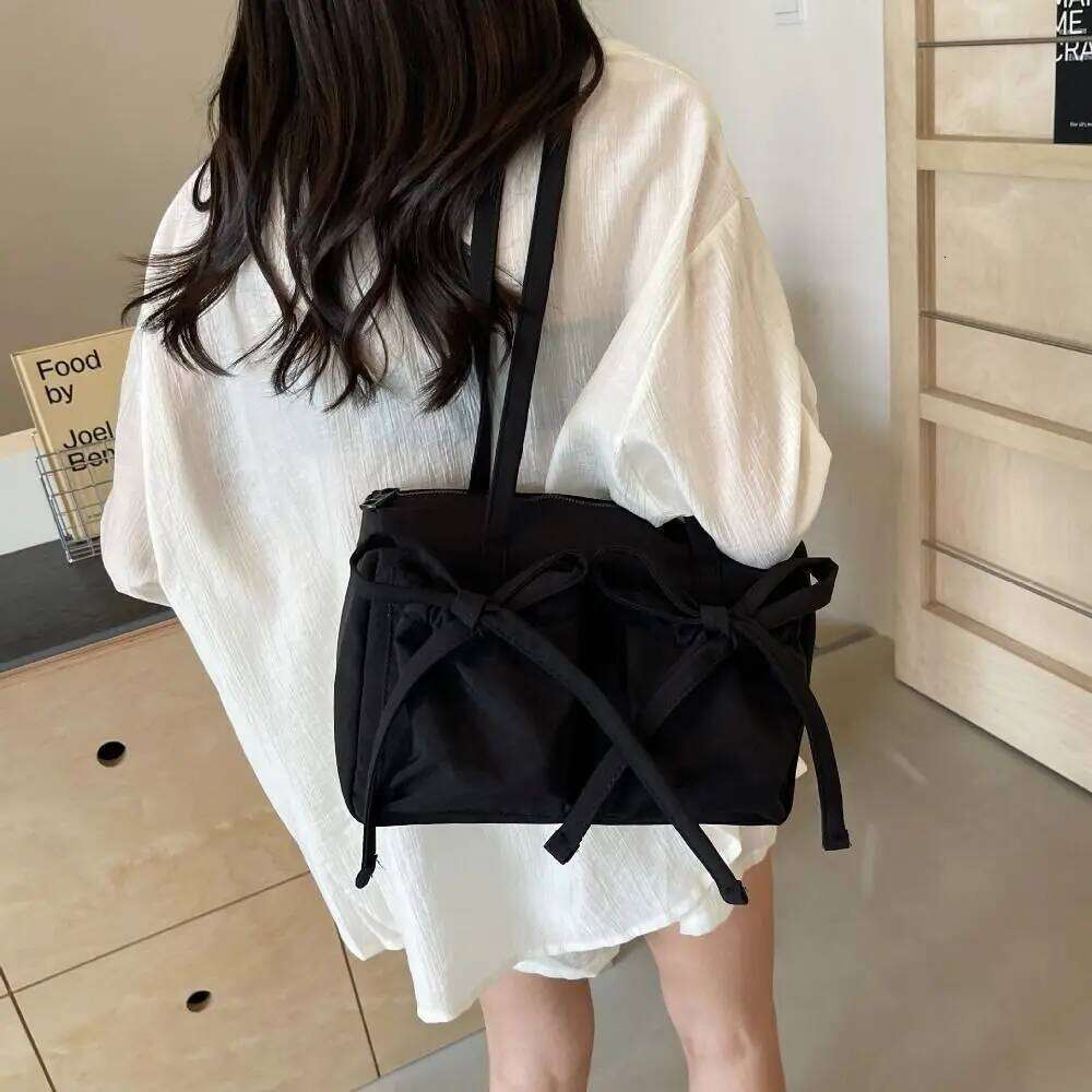 Simple Bowknot Bow Nylon Tote Korean Style Canvas Pleated Shoulder Handbag Large Capacity Armpit Bag Girls Y260205