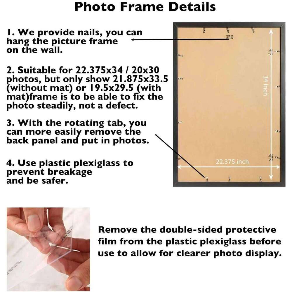 3 Pack Black Picture 22.375x34 with Mat for 20x30 Photos, Plexiglass Wall Hanging Poster Frame Set S260205