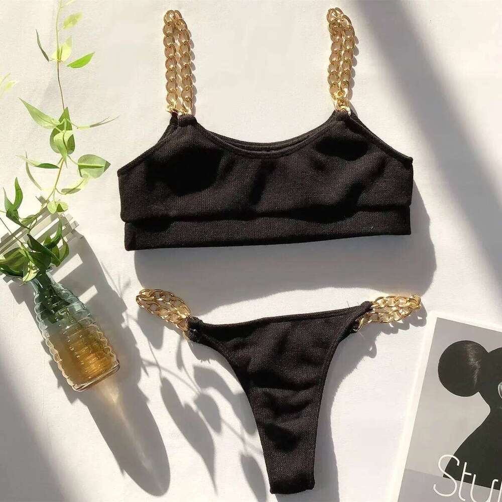 Sexy Micro Bikini 2025 Solid Black Push Up Bra Chain Metal Strap Swimsuit Brazilian Beach Bathing Suit Thong Swimwear Biquini XJ260206