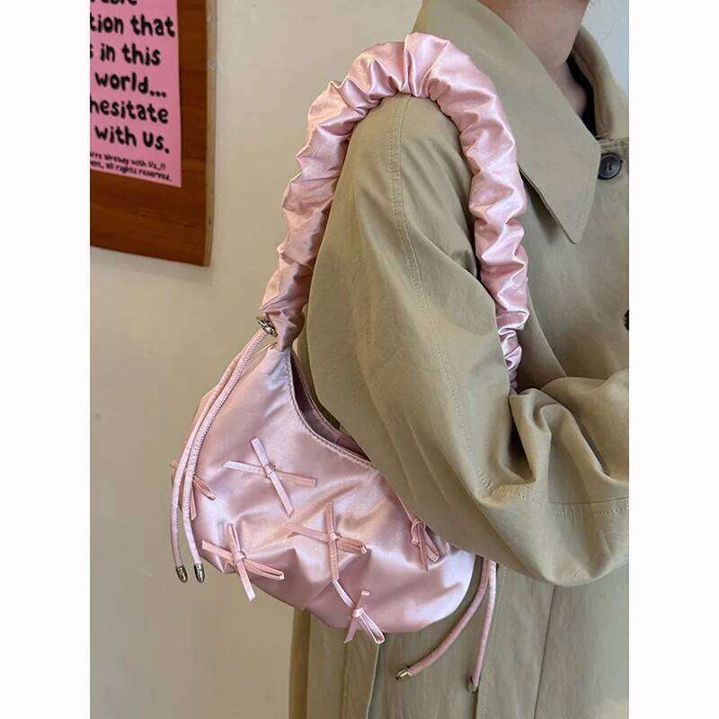 Ladies' Bags Pink Folded Bow Sweet Kawaii Verstaile Lolita New Handbags High Quality Luxury Brand Shoulder Bag For Girl Y260205