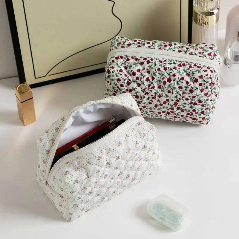 Quilted Floral Bags Zipper Cute Print Flower Storage Organizer Makeup Accessory Toiletry Women's Large Cosmetic Bag Y260206
