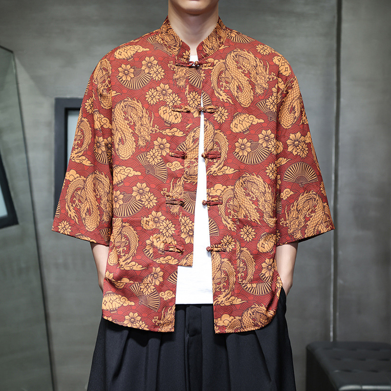 2026 New Chinese Style Summer Men Ice Silk Short Sleeve Shirt Mandarin Collar with Frogging Chinese Fashion