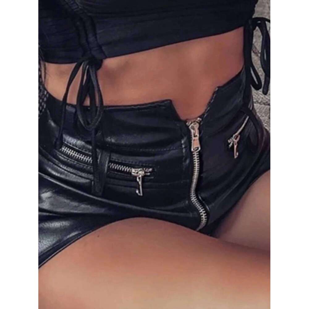 Sexy Black PU casual fashion summer women clothing goth faux leather high waisted womens shorts y2k hot woman short pants H260206