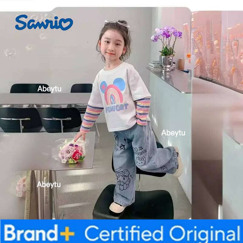 Sanrio Spring Autumn New Children's Jeans Girls Wide Leg Pants Hello Kittys Straight Trousers Kawaii Cartoon Leisure Fashion H260206