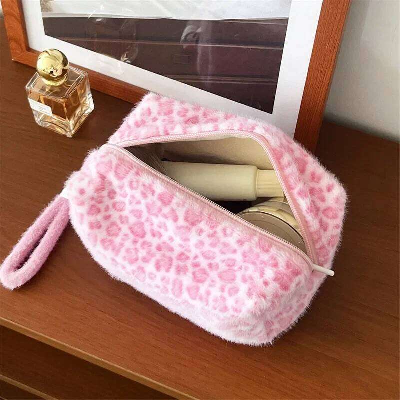 Soft Leopard Print Makeup with Handle Large Capacity Pink Tote Cosmetic Bag Portable Travel Pencil Organizer for Women Girl Y260206