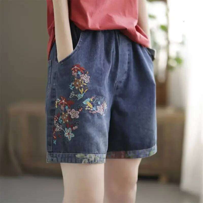 Vintage Jeans Women Summer Floral Embroidery Elastic High Waist Denim Design Wide Leg Trousers Blue Black Shorts XJ260206