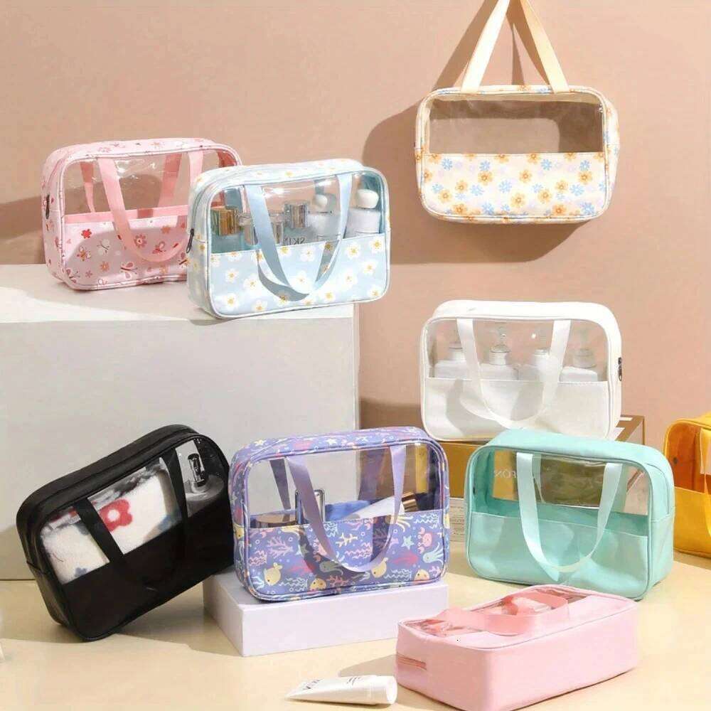 Transparent Makeup Toiletry Large Size Waterproof Swimming Bath Bags Simple PVC Tote PU Splicing Cosmetic Bag Y260206