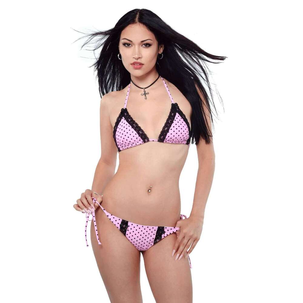 Girl style spicy girl cute lace patchwork polka dot neckband low waist two-piece bikini set Z260206