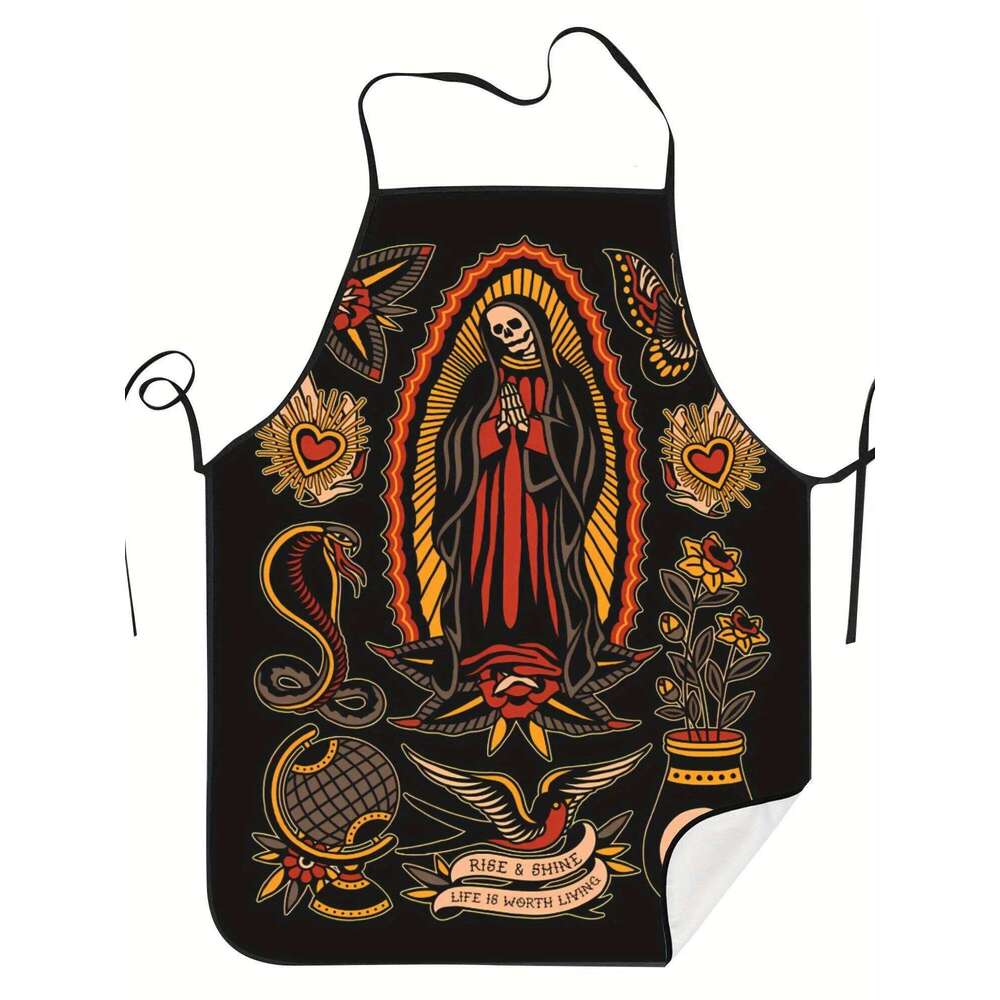Retro Tattoo Design Skull & Floral Print with "Rise From Ashes" Quote - Durable Kitchen Apron for Cooking, Restaurants S260205