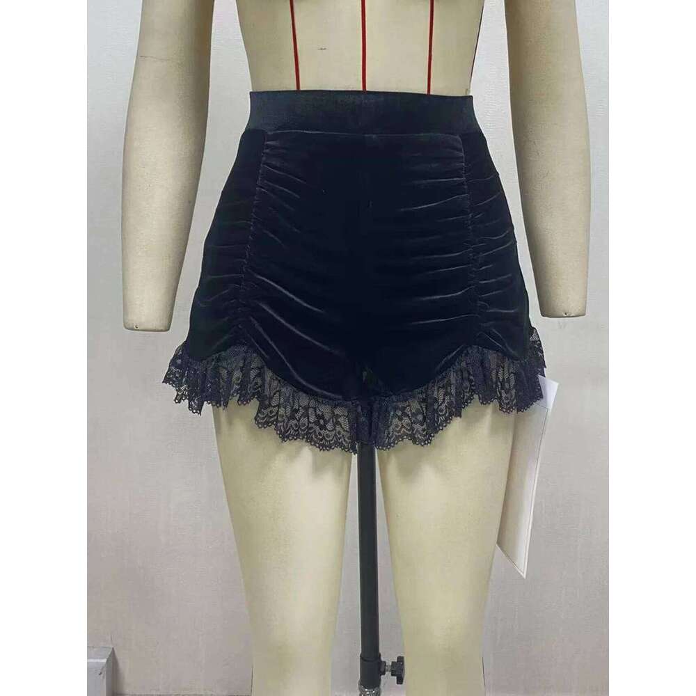 Gothic Velvet High Waist Ruched with Lace Trim Women's Fashion Shorts for Casual Wear Y2K Skinny Bottoms H260206