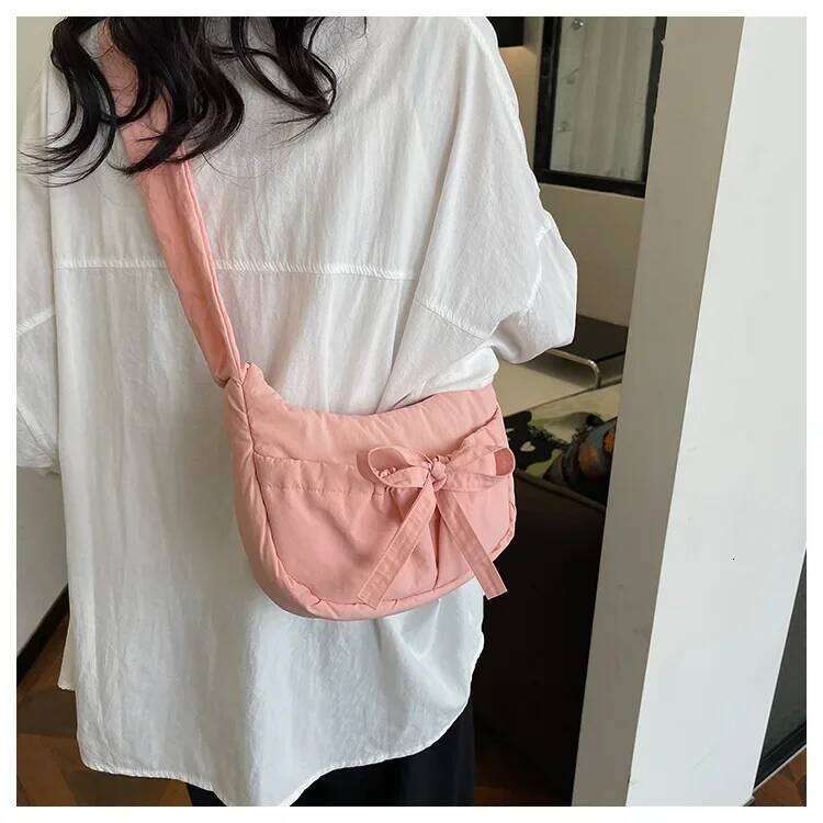 Pleated Strap Women's Sweet Bow Shoulder Bag Solid Color Female Underarm Bags Soft Nylon Ladies Portable Tote Purse Handbags Y260205