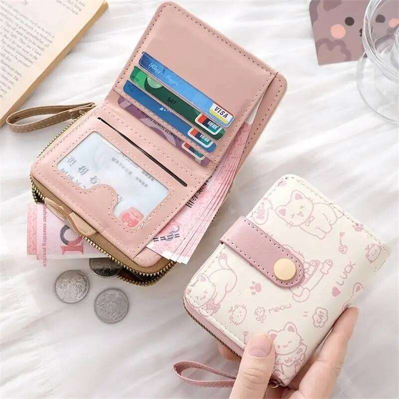Cute Cat PU Leather Purse Women Fashion Short Folding Zipper Wallet ID Card Holder Travel Lightweight Cash Coin Bags Y260206