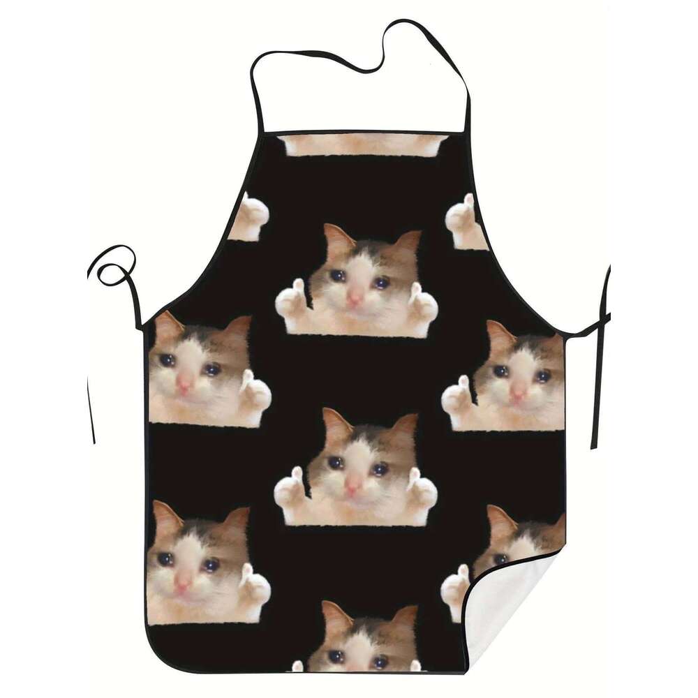 Funny Crying Cat Kitchen Apron with Cute Ginger Tabby Chef Hat, Easy-Clean for Cooking, Baking Home Aprons S260205