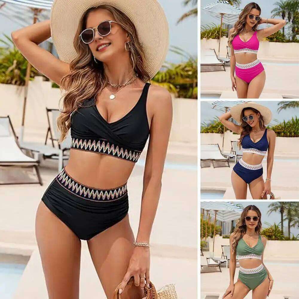 Summer Figure-flattering Two-piece Set Women's Bikini Sets for Beach Vacations High Waist Swimsuit V-neck Bathing Suit Z260206