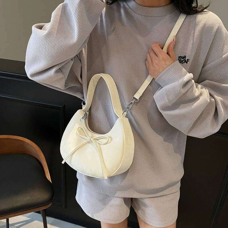 Half Moon Solid Zipper PU Shoulder and Crossbody Bags Simple Fresh Versatile Bow Compact Handbags for Women 2025 Fashion New Y260205