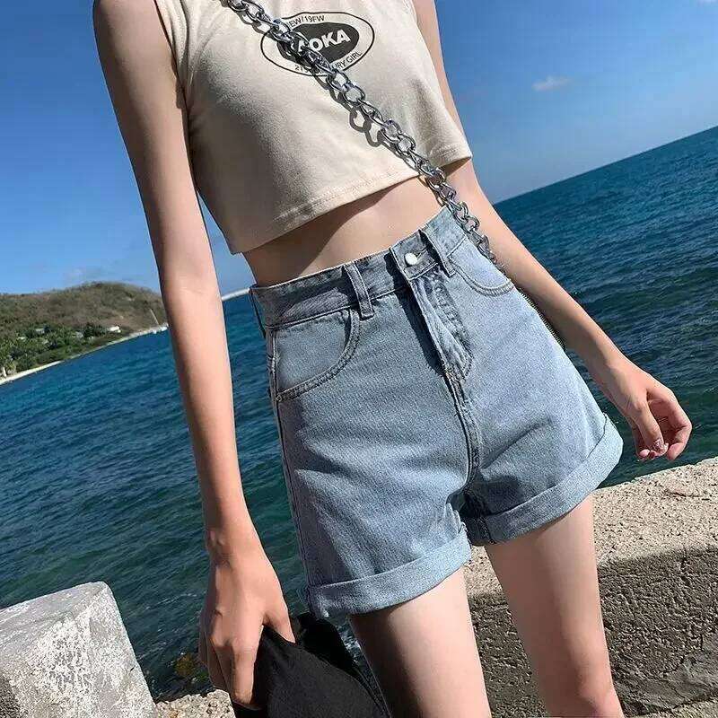 Black Gray Denim Shorts For Women Summer High Waist Loose Ropa Mujer C260206