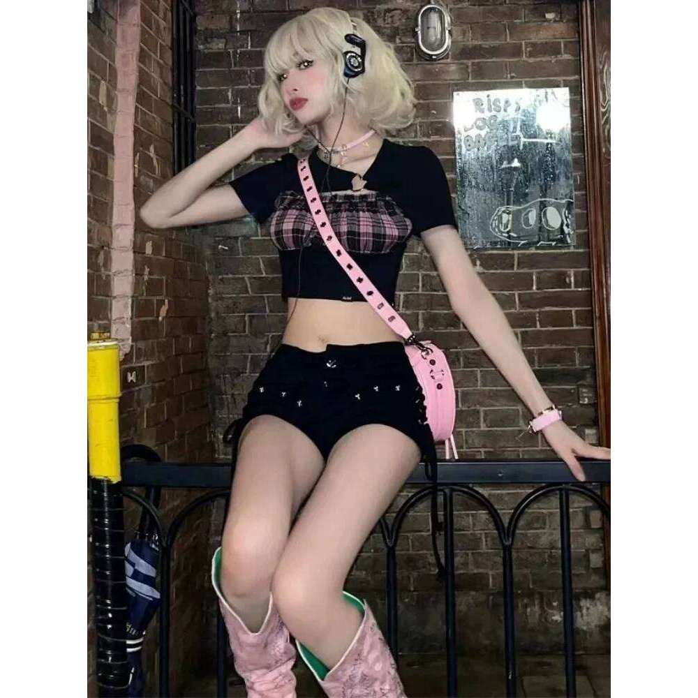 Black Denim Shorts for Women Skinny Bandage Design Y2k Sexy Girls Tender Low Waist Vintage American Style All-match Fashion Ins H260206