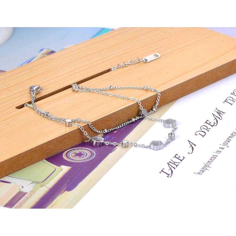 JeeMango Bohemia Stainless Steel Double-layer Charm Bracelets Trendy CZ Crystal Flower Chain Jewelry For Women JB2102 26H0206