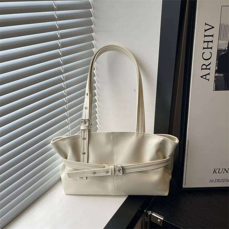 Autumn Retro Belt Design PU Shoulder Bags for Women Large Capacity Simple Ladies Tote Bag Solid Color Versatile Female Handbags Y260205