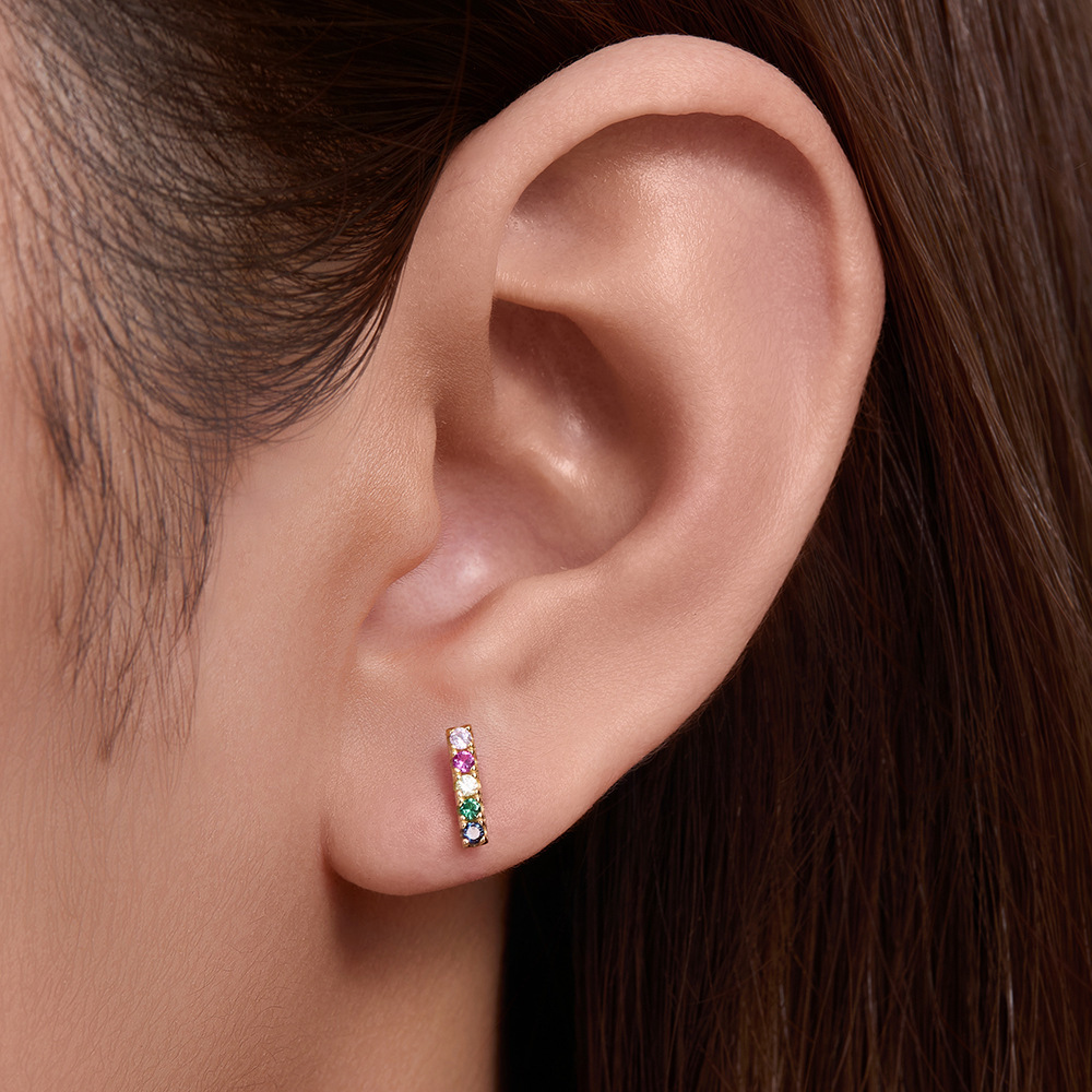 s925 sterling silver linear micro-inlaid colorful zirconia stud style, simple and versatile square bar earrings, small accessories