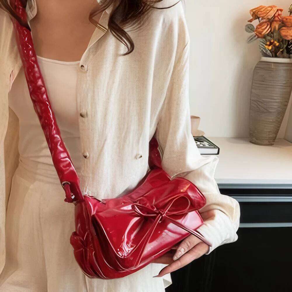 Elegant Bowknot Small Square PU Leather Shoulder Satchel Pleated Hand Underarm Bag for Women Y260205